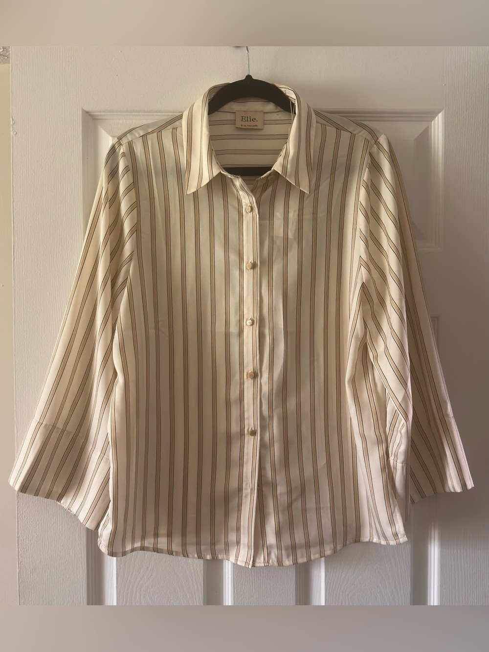 Elie Tahari Cream and Tan Striped Button-Down Blouse